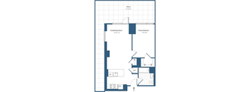 A floor plan of a house with a living/dining room, primary bedroom, and a terrace.