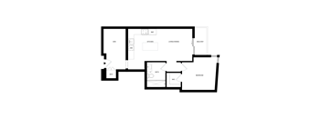 A floor plan of a house with a kitchen, dining room, living room, and bedroom.