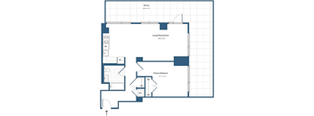 A blueprint of a house layout with a living room, dining room, and primary bedroom.