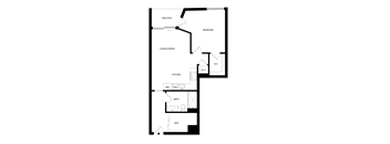 A floor plan of a house with a balcony, bedroom, living/dining area, kitchen, bathroom, and den.