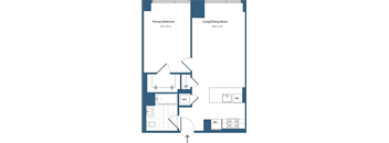 A floor plan of a two-bedroom apartment with a living/dining room and a primary bedroom.