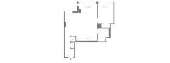 A floor plan of a home with a balcony, bedroom, living/dining area, kitchen, bathroom, and open space.