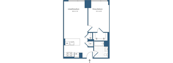 A floor plan of a small apartment with a living/dining room and a primary bedroom.
