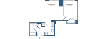 A floor plan of a room with a living/dining area, a primary bedroom, a WC, and a reference area.