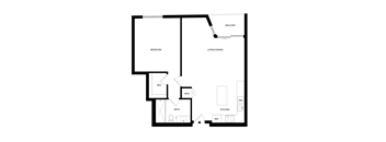 A floor plan of a house with a bedroom, bathroom, kitchen, and living/dining area.