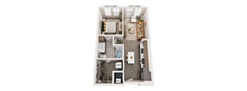 A floor plan of a small apartment with a kitchen, living room, and bathroom.
