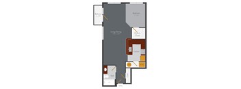 a floor plan of a studio apartment with a bedroom and a living room