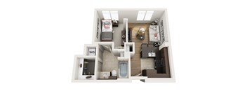 A 3D rendered image of a small apartment layout.