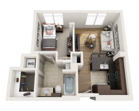 A 3D rendered image of a small apartment layout.