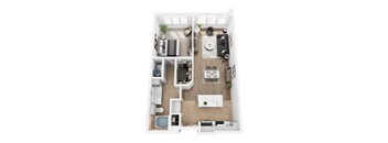 A top-down view of a small apartment with a kitchen, living room, and bathroom.
