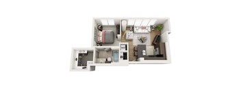 A 3D floor plan of a small apartment with a bedroom, living room, and bathroom.