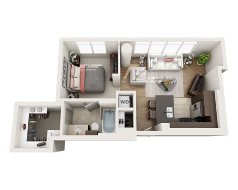 A 3D floor plan of a small apartment with a bedroom, living room, and bathroom.