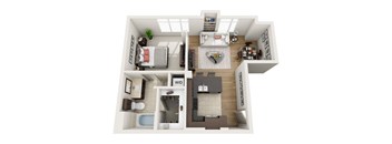 A 3D floor plan of a small apartment with a bedroom, living room, kitchen, and bathroom.