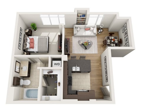 A 3D floor plan of a small apartment with a bedroom, living room, kitchen, and bathroom.