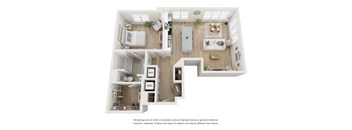 A top down view of a house interior with a kitchen, living room, and bedrooms.