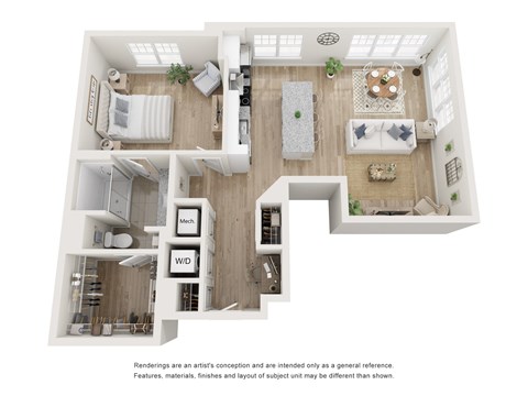A top down view of a house interior with a kitchen, living room, and bedrooms.