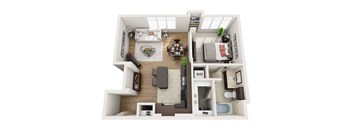 A top-down view of a small apartment layout with a living room, kitchen, and bedroom.