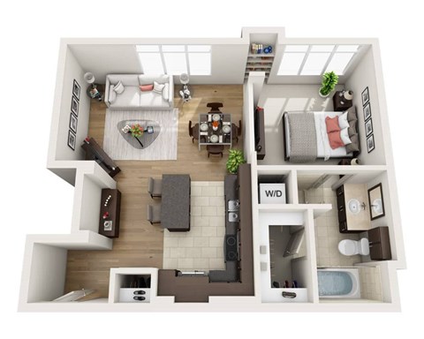 A top-down view of a small apartment layout with a living room, kitchen, and bedroom.