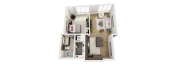 A floor plan of a small apartment with a bedroom, living room, and kitchen.