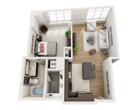 A floor plan of a small apartment with a bedroom, living room, and kitchen.