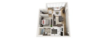 A top-down view of a small apartment with a bedroom, living room, and bathroom.