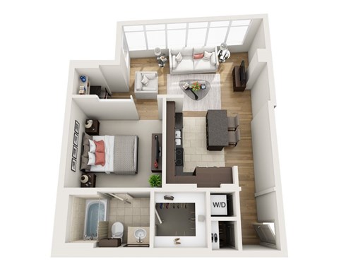 A top-down view of a small apartment with a bedroom, living room, and bathroom.
