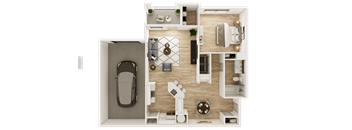 A top-down view of a small apartment with a car parked in the garage.
