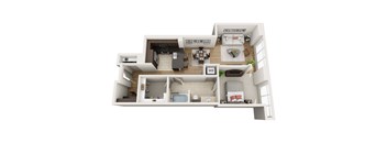 A 3D floor plan of a small apartment with a kitchen, living room, and bathroom.
