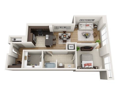 A 3D floor plan of a small apartment with a kitchen, living room, and bathroom.