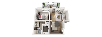 A top-down view of a house layout with a living room, kitchen, dining area, and bedrooms.