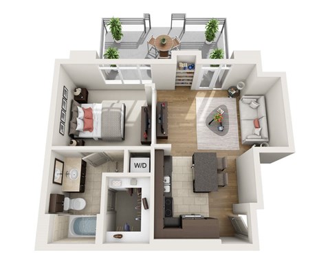 A top-down view of a house layout with a living room, kitchen, dining area, and bedrooms.