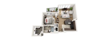 A 3D floor plan of a small apartment with a living room, kitchen, and bathroom.