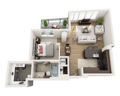 A 3D floor plan of a small apartment with a living room, kitchen, and bathroom.