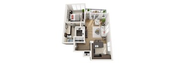A top-down view of a small apartment with a kitchen, living room, and bedroom.