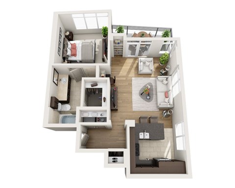 A top-down view of a small apartment with a kitchen, living room, and bedroom.