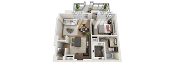A 3D floor plan of a two-bedroom apartment with a living room, kitchen, and bathroom.
