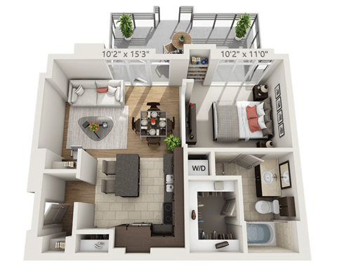 A 3D floor plan of a two-bedroom apartment with a living room, kitchen, and bathroom.
