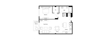 A black and white floor plan of a house with a balcony, bedroom, bath, great room, dining area, kitchen, and pantry.