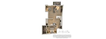 A floor plan of a house with a kitchen, living room, and bathroom.