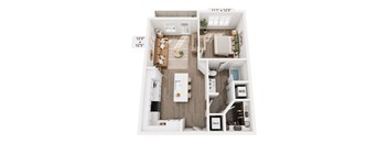 A floor plan of a small apartment with a kitchen, living room, and bedroom.