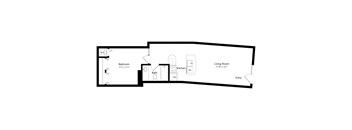 A floor plan of a small apartment with a bedroom, bathroom, kitchen, living room and entry.