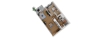 A top down view of a small apartment with a kitchen, living room, and dining area.