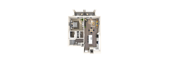 a stylized floor plan with a bedroom and a kitchen