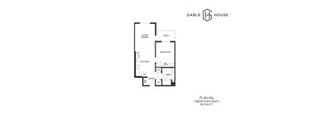 A floor plan for a one bedroom apartment with a bathroom and a kitchen.