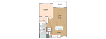 A floor plan of a balcony apartment with a bedroom, living/dining area, kitchen, bathroom, and closet.