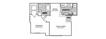 A floor plan of a living space with a bedroom, dining area, kitchen, and bathroom.