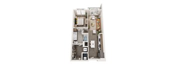 A floor plan of a small apartment with a kitchen, living room, and bathroom.