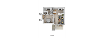A floor plan of a house with a living room, kitchen, dining room, and two bedrooms.