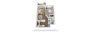 A 3D floor plan of a small apartment with a kitchen, living room, and bathroom.