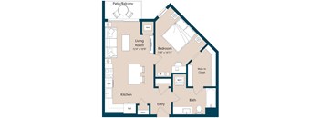 A floor plan of a house with a living room, kitchen, patio, and bath.